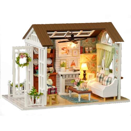 Diy House 8008-A Casă de păpuși din lemn cu o cameră, cu mobilier și lumină LED, 15cm x 20,6cm x 11,85cm, Multicolor