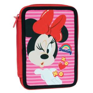 Disney Minnie Mouse Wink pencil case with red zipper, pink and red stripes, filled with school supplies - Pencil Case
