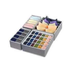 4 részes szürke fiókrendszerező készlet fehérneműhöz, melltartókhoz, zoknikhoz és nyakkendőkhöz - Gardrób rendszerező