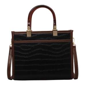 Black crocodile embossed PU leather handbag with brown trim and gold hardware, Dollcini - Dollcini