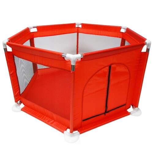 Červená šesťuholníková detská ohrádka so sieťovanými stenami a zipsovým dverami