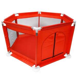 Red hexagonal baby playpen with mesh sides and zippered door - Interactive Kids' Toy