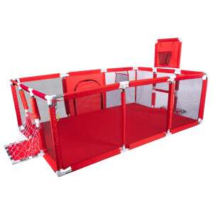 Red indoor playground for kids with basketball hoop, soccer goal, and mesh walls - Furniture