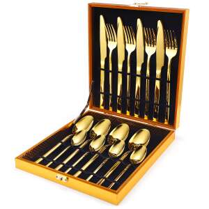 TRENDY'S 16 piece gold stainless steel cutlery set in a wooden box - Cutlery Set