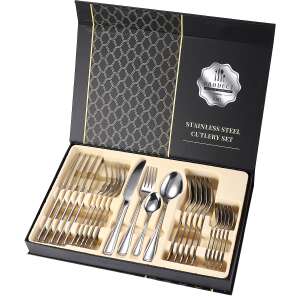 TRENDY'S 24 piece stainless steel cutlery set in a black box with a gold pattern - Cutlery Set