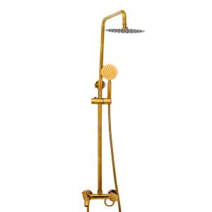 Gold shower system with handheld shower head, overhead shower head, and adjustable height shower arm - Shower set