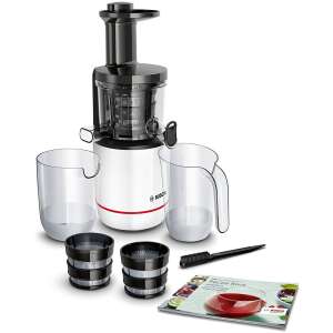 Wolnobieżna wyciskarka Bosch MESM500W, biała i czarna, z dwoma filtrami, do robienia soków i smoothie - Czajnik, Opiekacz do kanapek, Blender, Toster i Wirówka i prasa do owoców