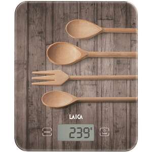 Laica KS5010 Küchenwaage mit Holzdesign, 10 kg Kapazität, zeigt das Display - Küchenwaagen