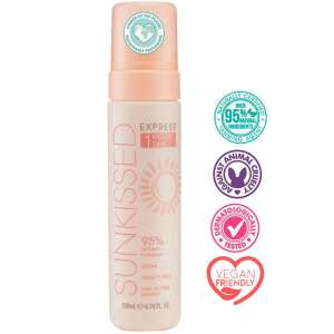 Sunkissed Express 1 órás önbarnító hab, 200 ml, 95% természetes összetevő, kegyetlenség mentes, gyorsan ható, vegán barát, bőrgyógyászatilag tesztelt - Barnító krém & olaj