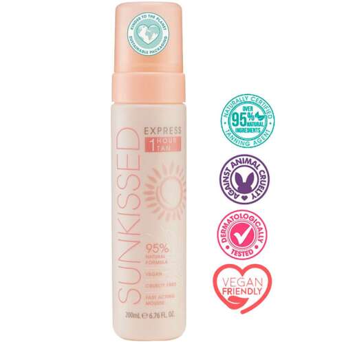 Sunkissed Express 1 órás önbarnító hab, 200 ml, 95% természetes összetevő, kegyetlenség mentes, gyorsan ható, vegán barát, bőrgyógyászatilag tesztelt