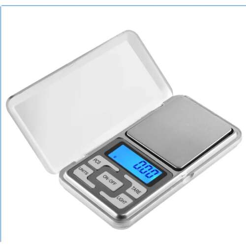 Mini digitális zsebmérleg, 200g kapacitás, 0,1g pontosság, védőtokban, ezüst