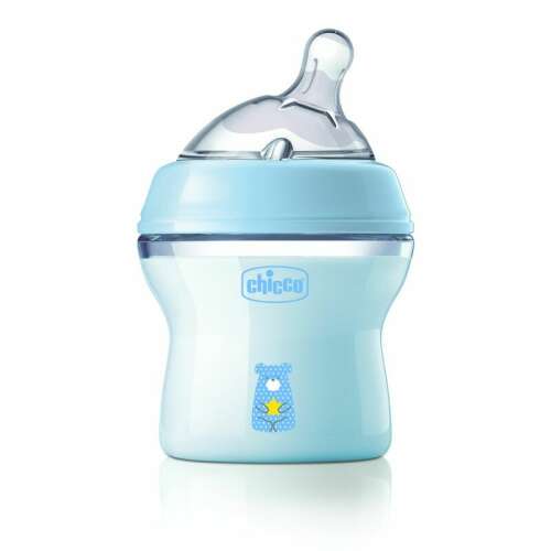 Chicco NaturalFeeling 150 ml baby bottle with blue and white design, featuring a bear illustration