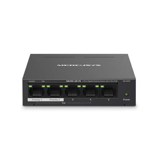 MERCURY 5-Port Gigabit Desktop Switch s 4-Port PoE+ MS105GP, prednji pogled