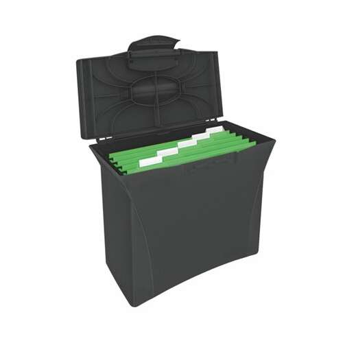 Esselte Europost mobil fekete függőmappatartó nyitva, függőmappákkal