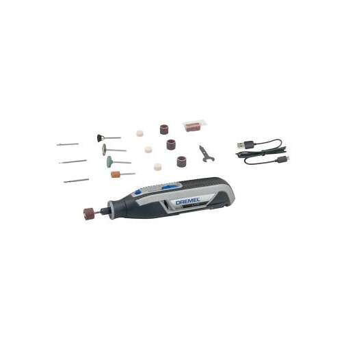 Dremel Lite 7760-15 cordless rotary tool with accessories for grinding, polishing, and engraving.