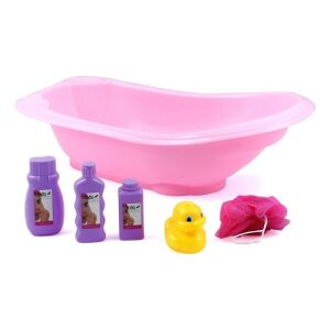 Zestaw do kąpieli dla niemowląt z różową wanienką, odpływem, 3 butelkami, gumową kaczką i gąbką - Akcesoria dla lalek