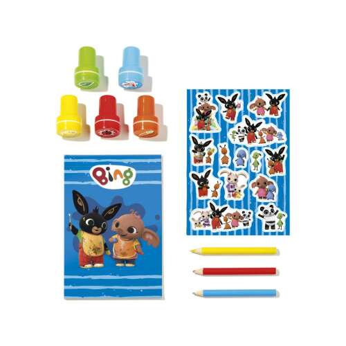 Bing Creative Stamp Set, featuring 5 self-inking stamps, a notepad, stickers, and pencils