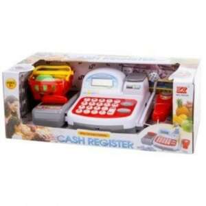 White toy cash register with red buttons, shopping cart, and play money, for kids pretend play - Shop Playset, Shopping