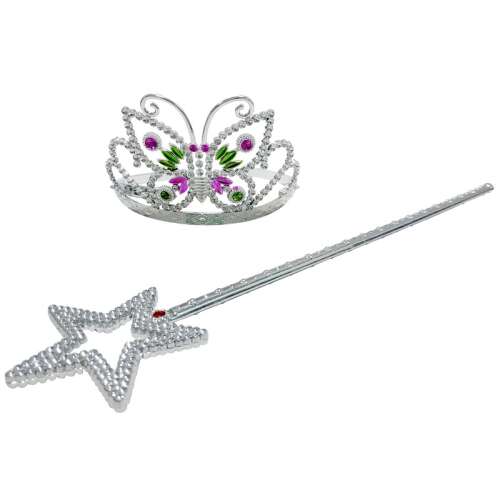 Silver princess wand and butterfly tiara, costume accessory