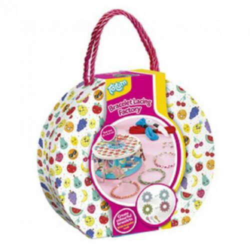 Forum Bracelet Lacing Factory, a craft kit for making bracelets with colorful string and beads, comes in a cute fruit-themed box