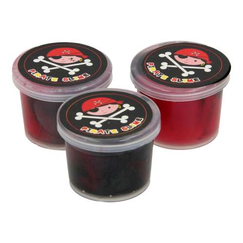Pirate Slime, 3 pack, red, black, purple slime in containers with pirate logo