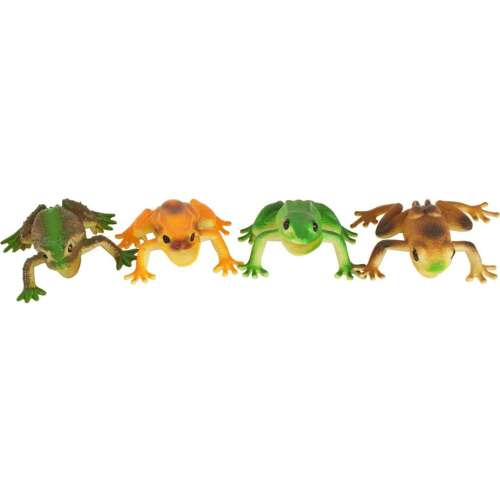Set of 4 plastic frogs, green, brown, orange, and brown with green spots