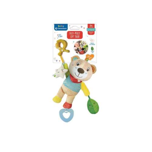 Bébi plüss csörgõ, maci, rágóka, csiptetõs, 34 cm lapon