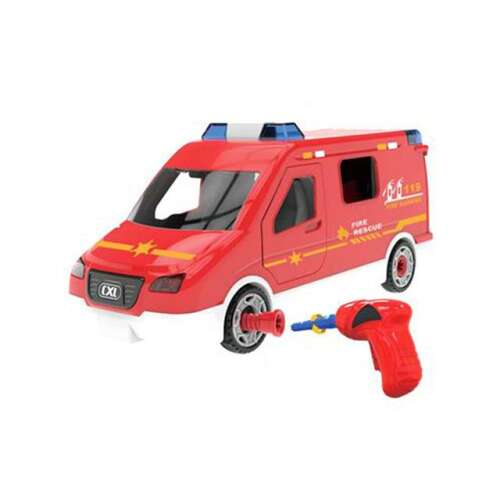 Piros tűzoltóautó játék fényekkel és hangokkal, DIY összeszerelhető, 63 darabos, elektromos csavarbehajtóval - Magic Toys