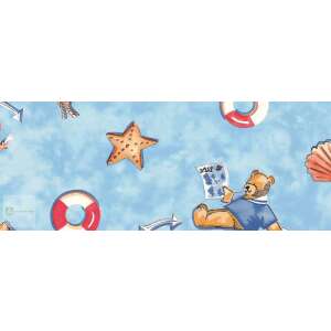 Kék és fehér tapéta tengeri témával, medvével, tengeri csillaggal és mentőövvel - Tapéta