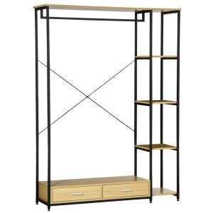 HOMCOM ruhatartó polcokkal és fiókokkal, fekete és fa, ruhatárolás, hálószoba bútor - Hálószoba bútor