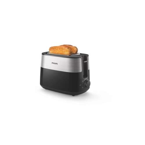 Philips Daily Collection HD2516/90 toaster, black and silver, with bread inside