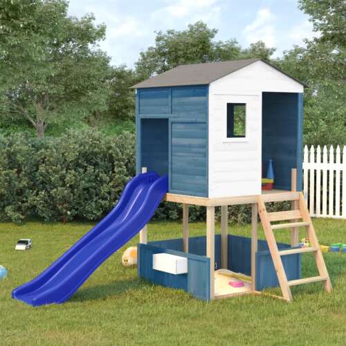 vidaXL blue polypropylene slide attached to a wooden playhouse in a backyard setting