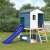 vidaXL blue polypropylene slide attached to a wooden playhouse in a backyard setting
