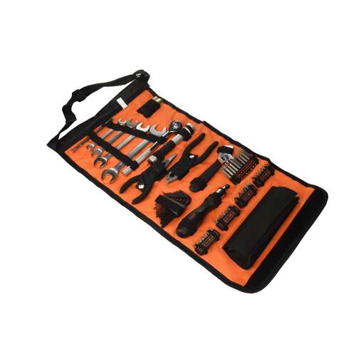 Black+Decker 71 piece car maintenance tool set, orange and black roll-up tool bag with various tools