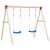 Wooden swing set with two blue seats and red accents