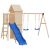 Complete wooden playground with slide and two blue polyethylene swings.