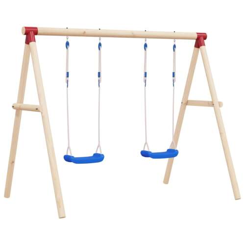 Wooden swing set with two blue seats and red accents