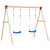 Wooden swing set with two blue seats and red accents