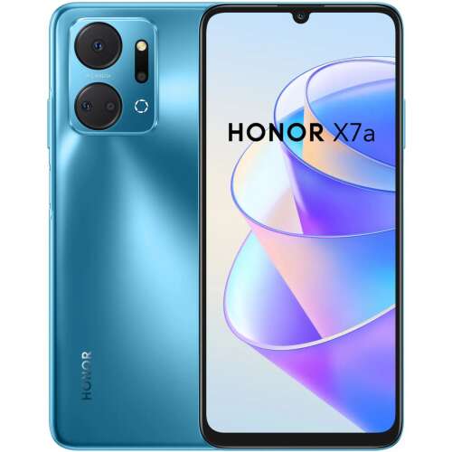Honor X7a kék okostelefon, kettős nézet, elülső képernyő és hátsó kamera