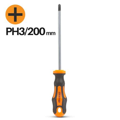 Skrutkovač PH3 200 mm, čierna a oranžová rukoväť, chróm-vanádiový hriadeľ, praktický pre DIY projekty