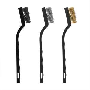 Set of 3 wire brushes with black plastic handles, perfect for cleaning metal surfaces, removing rust, and preparing surfaces for welding or soldering - Wire Brush