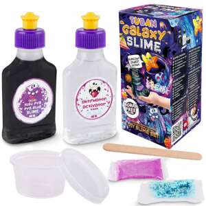 Tuban Galaxy Slime DIY Slime Set, contents of the kit, black PVA glue, activator, glitter, spatula, and a plastic bowl - Creative Toy
