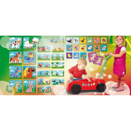 Carotina Baby Wagon developmental toy for babies with puzzle, memory and logic cards, shapes and stickers, collage showing the toy and children playing with it