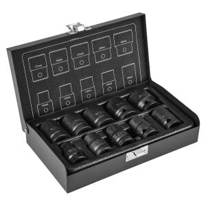 Set de chei tubulare cu impact NEO Tools 1/2 inch (10-24mm) în cutie metalică deschisă cu etichete de dimensiuni - NEO Tools