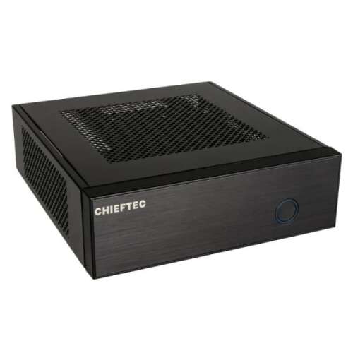 Chieftec IX-03B-OP Mini-ITX számítógép ház, fekete, ferde nézet, szellőzéssel és bekapcsoló gombbal - Chieftec