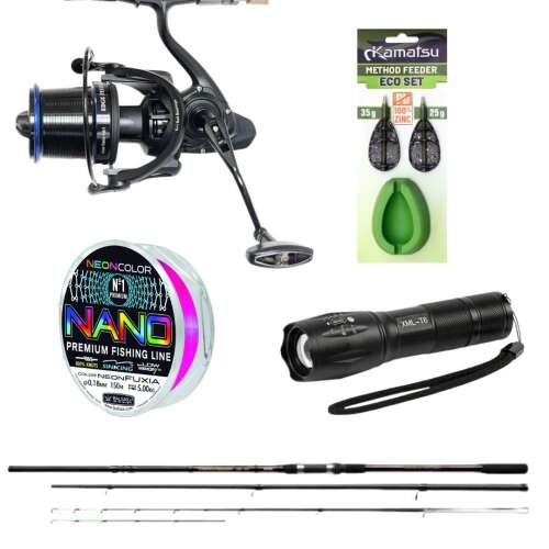 Carpex távdobó feeder szett 390 cm + lámpa horgász szett, tartalmaz egy horgászbotot, orsót, zsinórt, etetőkosarat és zseblámpát