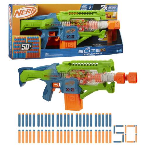 Nerf Elite 2.0 Double Punch szivacslövő fegyver 50 db tölénnyel, zöld és kék játékpuska két csővel - Játék