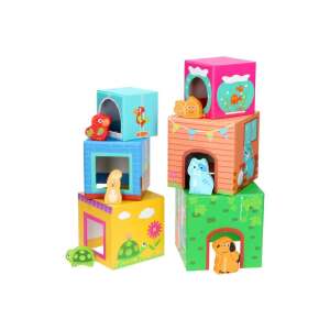 Small foot 10044 Turn de stivuire cu animale, jucărie de construcție Montessori cu animale și casele lor, 6 cuburi colorate din carton și 6 animale din lemn - Premergatoare, Premergatoare și Jocuri de dezvoltare pentru copii mici