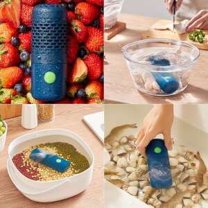 Kollazs, amely bemutatja a hordozható élelmiszer-sterilizálót különböző ételek tisztításához - Hámozó