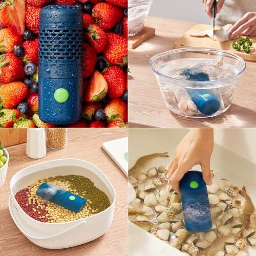 Kollazs, amely bemutatja a hordozható élelmiszer-sterilizálót különböző ételek tisztításához